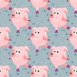 new year 2019 seamless pattern with christmas cartoon flat pink pigs. color hand drawn happy animals. vector illustration.
