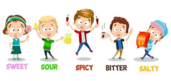little children present five basic tastes of food. sweet, sour, bitter, salty and spicy animation. preschool pupils having different gustatory perceptions. vector illustration for kids education.