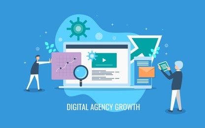 digital agency growth, growing company on internet, people working on digital marketing flat vector banner with icons