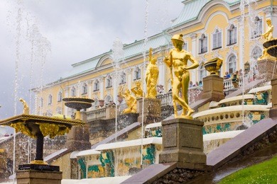 peterhof palace (russian versailles). grand cascade fountains lower park. saint-petersburg, russia. unesco world heritage site.