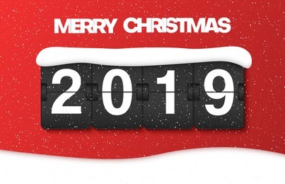 red merry christmas 2019 poster with counter and snow. festive decoration. vector background.
