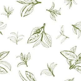 seamless pattern with green tea, hand-drawn leaves and branches of tea