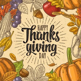 seamless pattern with happy thanksgiving calligraphy lettering and pumpkin, tomato, corn, pepper, leaf maple, grapes, apple, seed chestnut. vintage color vector hand drawn engraving illustration.