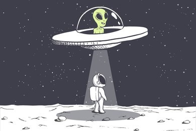 an alien abducts an astronaut on moon.cosmic friends.vector illustration