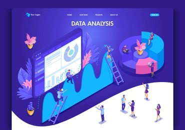 website template design. isometric concept for landing page. data analysis concept with characters. easy to edit and customize, ui ux.