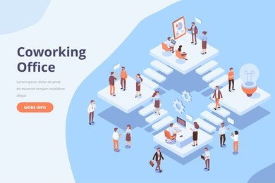 coworkers office concept. isometric office with different people characters. office workers, business people, freelancers. flat vector illustration.