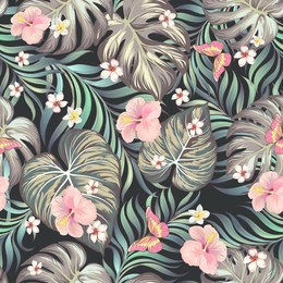 	
seamless hand drawn exotic vector pattern with green palm leaves and hibiscus flower. template for print design.