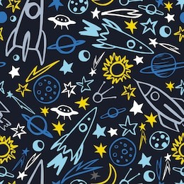 hand drawn space objects. planets, comets, rockets.  vector  seamless pattern