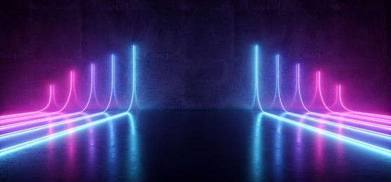 futuristic sci-fi modern empty stage reflective concrete room with purple and blue glowing neon tubes shape empty space wallpaper background 3d rendering illustration