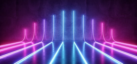futuristic sci-fi modern empty stage reflective concrete room with purple and blue glowing neon tubes shape empty space wallpaper background 3d rendering illustration