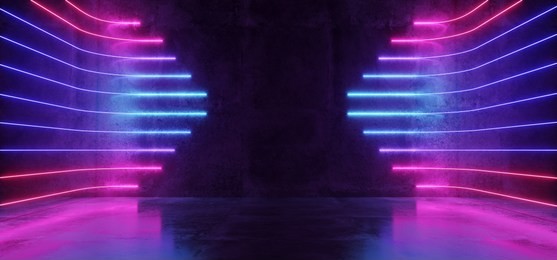 futuristic sci-fi modern empty stage reflective concrete room with purple and blue glowing neon tubes shape empty space wallpaper background 3d rendering illustration
