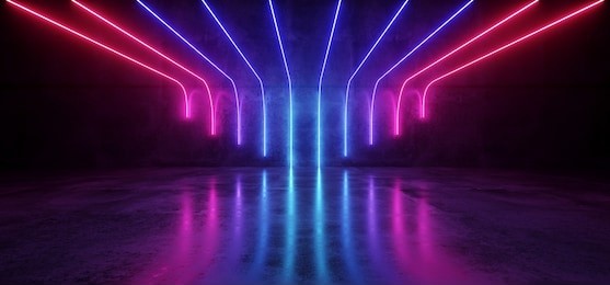 futuristic sci-fi modern empty stage reflective concrete room with purple and blue glowing neon tubes shape empty space wallpaper background 3d rendering illustration