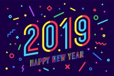 2019, happy new year. greeting card with inscription happy new year 2019. memphis geometric bright style for happy new year or merry christmas. holiday background, banner, poster. vector illustration