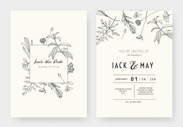 minimalist wedding invitation card template design, floral black line art ink drawing with square frame on light grey