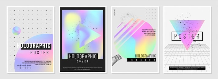 holographic style poster set. creative neon color templates with dynamic text. geometric vector shapes with bright gradients. to be used in ad, promotion, part invitation, announcement, banner, web.  