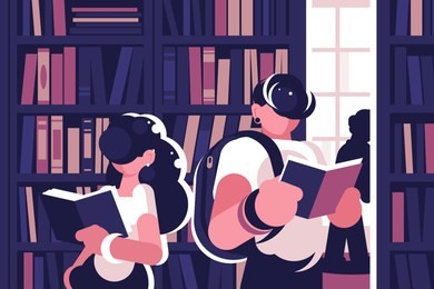 people read in library. concept young man, teenager and girl, woman gets knowledge, studying, read book. vector illustration.