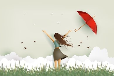 illustration of  woman's day,funny beautiful girl and red umbrella on the field .paper art and craft style.