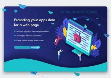 business website template design. isometric concept of the work of people over the protection of computer data for a web page. data protection of web applications. easy to edit and customize.