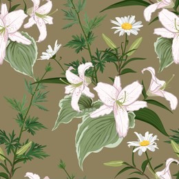 beautiful pattern in retro style with lilies and daisies on a brown background. seamless vector background. perfect for fabrics, wrappers, wallpapers.