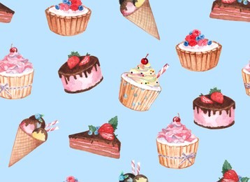 watercolor seamless pattern of confectionery. watercolor drawings of cakes on a colored background. watercolor background