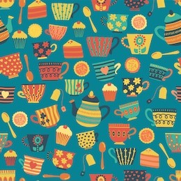 tea cups vector seamless pattern background teal. tea time cups, teapot, spoons, cupcakes. hand drawn. cute retro print for packaging, fabric, menu, cafe, bakery, tea party, card, winter, scandinavian