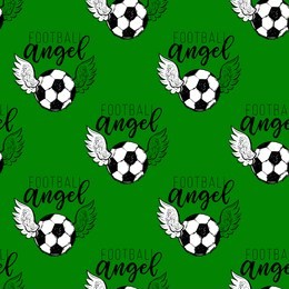 football fan seamless pattern with football angel sign. graphic black sketch t-shirt design with european football or soccer ball and text on green background. vector illustration.
