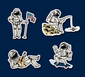set of astronauts in space stickers. collection soaring spaceman with flag. dancer musician adventure in the galaxy. homeless traveler engraved hand drawn comic sketch.