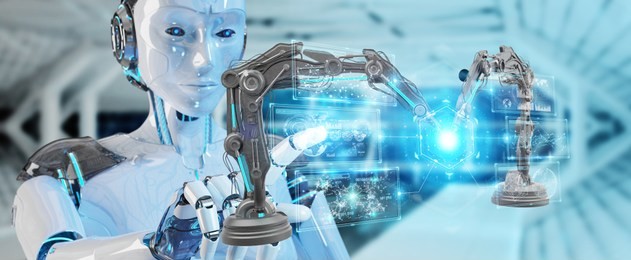 white woman robot on blurred background using robotics arms with digital screen 3d rendering