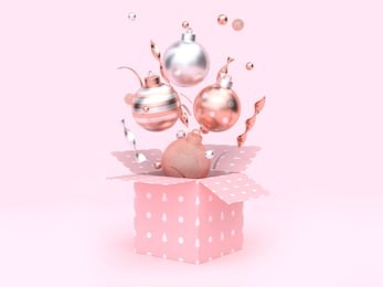 3d rendering christmas ball floating gift box opening pink background