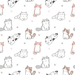 seamless pattern of cute cartoon cat, paw and heart design on white background