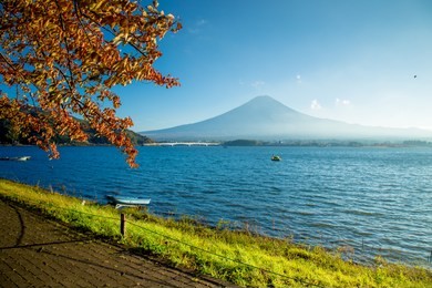 mount fuji viewed from lake kawaguchiko in japan autumn seasoning
