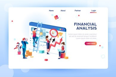 finance analysts. concept of analytics for website, small social presentation, magnifying infographic. study global occupation concept with characters and text. flat isometric illustration.