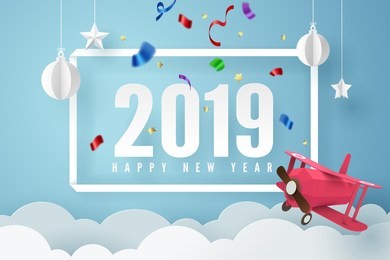 paper art of 2019 happy new year with red plane flying in the sky, vector art and illustration.