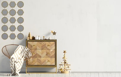modern christmas interior with dresser, scandinavian style. wall mock up. 3d illustration