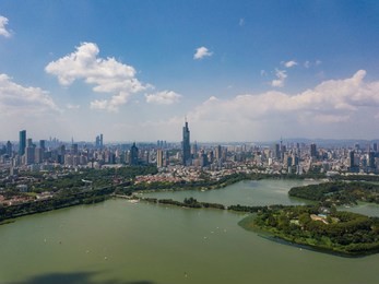 skyline of nanjing city under blue sky in a sunny day in summer