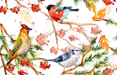 fancy seamless texture with birds in winter forest. watercolor painting 