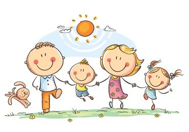 happy family with two children having fun running outdoors, vector drawing
