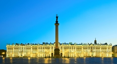 white nights in st.-petersburg, russia. winter palace of russian tsars (hermitage museum) and alexander column on the palace square