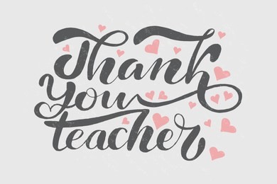 thank you teacher lettering for national teacher's day. design for greeting card, badge,banner. vector illustration on textured background with pink hearts.