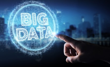 businessman on blurred background using big data digital hologram 3d rendering