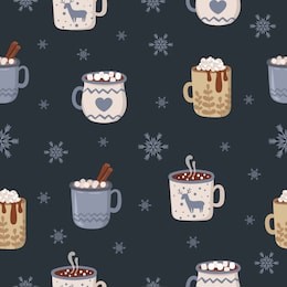 vector seamless pattern with hot drinks in flat design. hot chocolate, coffee, cocoa with whipped cream and marshmallow. autumn and winter holidays