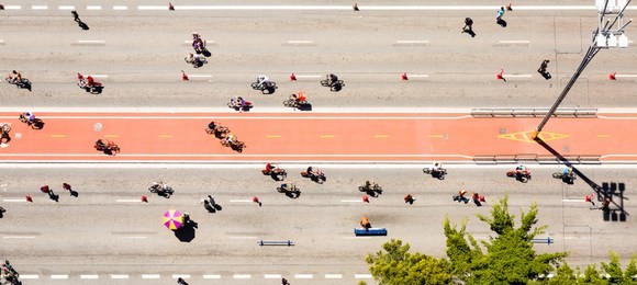 aerial view of the paulista avenue bike lane on a sunday in sao paulo, brazil,