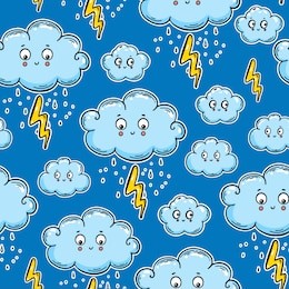 cute seamless pattern with clouds, rain, lightning. weather vector illustration. cute design template. beautiful decoration. hand drawn pattern.