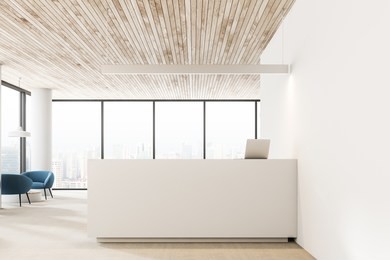 white walls and columns office reception hall interior with wooden ceiling, white reception desk with a laptop and blue armchairs near round coffee tables. 3d rendering copy space