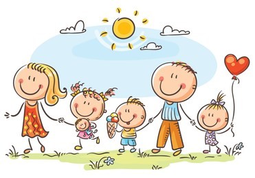 happy family with three children walking outdoors and holding hands