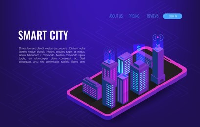 smart city isometric concept. building automation with computer networking illustration.