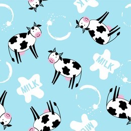 seamless pattern with cute cow and milk stains on blue background