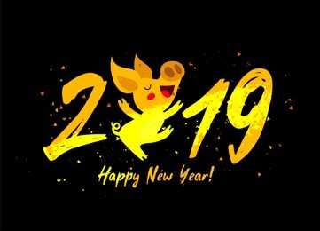 cute yellow pig. happy new year. chinese symbol of the 2019 year. excellent festive gift card. illustration on black background.