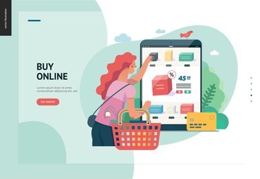 business series, color 1 -buy online shop -modern flat vector illustration concept of woman shopping online holding basket. website interaction -purchase process. creative landing page design template