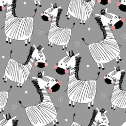 seamless cute kid vector illustration pattern of graphic drawing monochrome zebra. safari african jungle background with striped zebra for fabric, textile, paper, wallpaper, wrapping, greeting card